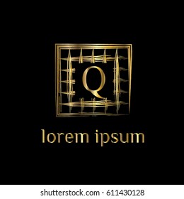 Golden net vector logo design letter Q. Striped frame
