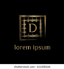 Golden net vector logo design letter D. Striped frame