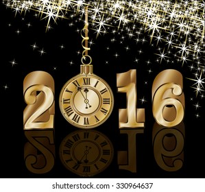 Golden new 2016 year background with xmas clock, vector illustration