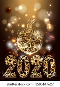 Golden new 2020 year decorative card with xmas ball, vector illustration
