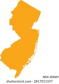 Golden New Jersey state map silhouette, USA geographic outline, editable vector illustration, regional territory graphic, isolated cartography shape, American state boundary, printable atlas template, simple navigation design, modern geographic element