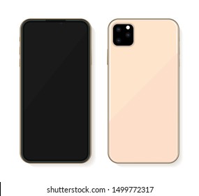 Golden new mobile phone 2019 mockup isolated on white. Vector illustration