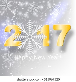 Golden New Year 2017 concept. Vector greeting card illustration with golden numbers and snowflake.