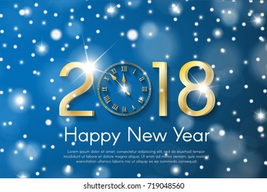 Golden New Year 2018 concept on blue snow blurry background. Vector greeting card illustration with golden numbers and vintage clock