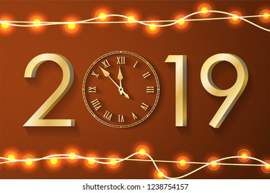 Golden New Year 2019 concept with realistic Christmas lights on orange background. Classic greeting card with gold numbers and vintage clock. Vector illustration