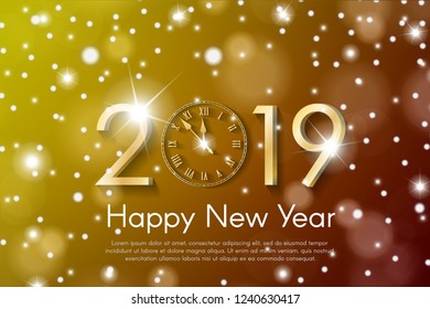 Golden New Year 2019 concept on yellow and red snow blurry background. Vector greeting card illustration with golden numbers and vintage clock