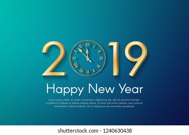 Golden New Year 2019 concept on cyan and blue background. Vector greeting card illustration with golden numbers and vintage clock. Winter sale concept