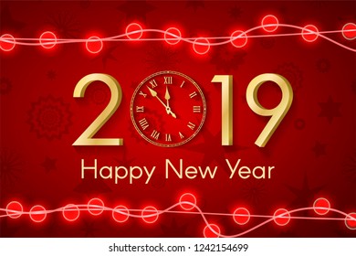 Golden New Year 2019 concept with realistic Christmas lights on red background with stars and snowflakes. Vector greeting card illustration with gold numbers and vintage clock