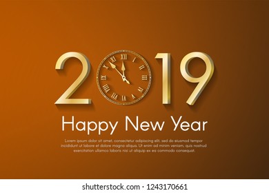 Golden New Year 2019 concept on orange background. Vector greeting card illustration with golden numbers and vintage clock