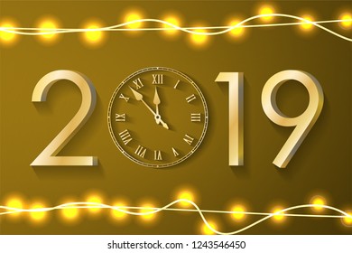 Golden New Year 2019 concept with realistic Christmas lights on yellow background. Classic greeting card with gold numbers and vintage clock. Vector illustration