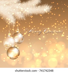Golden New Year card 2018. Celebration background with christmas ball and christmas tree, gold bokeh. Celebration card  with  text  Merry Christmas.