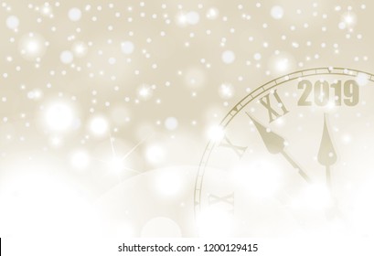 Golden New Year and Christmas 2019 concept with vintage clock in white style. Vector illustration