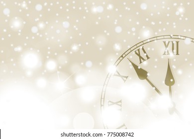 Golden New Year and Christmas concept with vintage clock in white style. Vector illustration