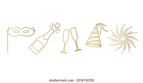 golden New Year Eve celebration elements: party mask, champagne, glasses, party hat and fireworks- vector illustration