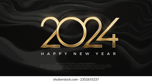 Año nuevo dorado número 2024. Con números dorados sobre fondo negro, Diseño vectorial premium para, afiche, calendario, banner y saludo.