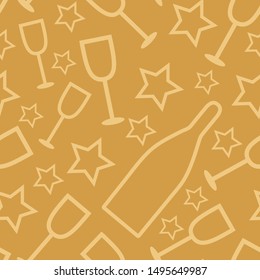 Golden new year pattern with stars, champagne glasses and bottles. Vector illustration. Seamless repeat ornament for banners, posters, cards, wrapping paper, packaging, invitations
