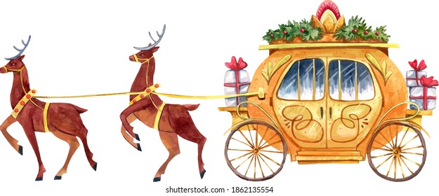 Golden new year's carriage with gifts drawn by two deer painted in watercolor