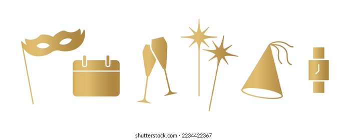 elementos de celebración de Nochevieja dorada: máscara de fiesta, reloj, calendario, gafas de champán, sombrero de fiesta, chispas- ilustración vectorial- ilustración vectorial
