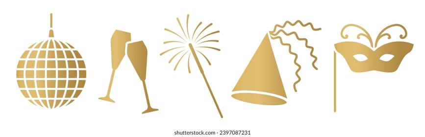 golden New Years Eve celebration elements: disco ball, champagne glasses, party hat and carnival mask, sparklers- vector illustration