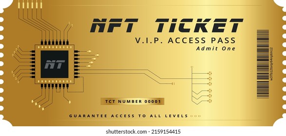 Golden NFT Ticket Template To Metaverse. Blockchain Access Pass.