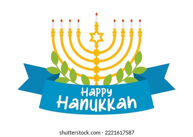 Golden nine branched Hanukkah menorah with olive leaves and tape with text happy Hanukkah vector illustration