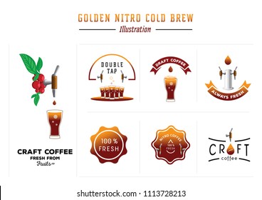 golden nitro cold brew coffee vector illustration with cheery fruts,glass,tap and drop element svg