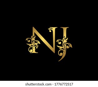 Golden NJ, N and J Luxury Logo Icon, Vintage Gold  Initials Mark Design. Elegant luxury gold color on black background