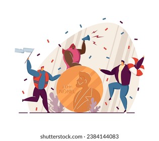 Golden Nobel prize award vector illustration. Rescue group celebrating getting award for life-saving mission at sea. Alternative Nobel prize and migration crisis concept