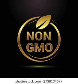 Golden non GMO logo with leaf on black background