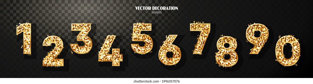 Golden Number 0 to 9 with glitter sparkles on transparent black background. Realistic set of metallic shiny font. Wedding, party, birthday or celebrate anniversary. Vector stock isolated illustration.