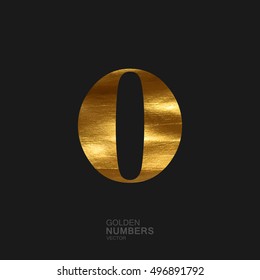 Golden number 0. Typographic vector element for design. Part of glow golden painted alphabet. Digit zero with golden paint texture. Vector illustration