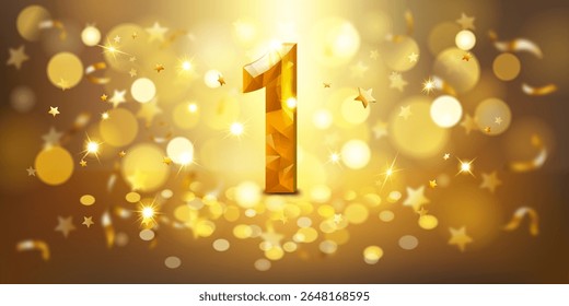 Número 1 dourado com uma aparência facetada, semelhante a uma gema, colocado contra um fundo quente e dourado preenchido com luzes bokeh suaves e estrelas douradas dispersas, criando uma atmosfera festiva e comemorativa.