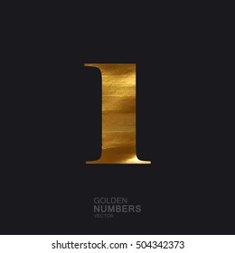 Golden number 1. Typographic vector element for design. Part of glow golden painted alphabet. Digit one with golden paint texture. Vector illustration