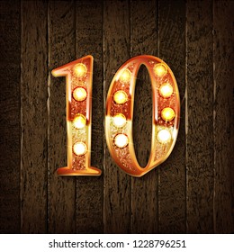 Golden number 10 on a wooden background. Vector illustration