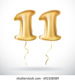 Golden number 11 balloon. Decoration for eleven years birthday, anniversary. made of inflatable balloon with golden ribbon isolated on white background art