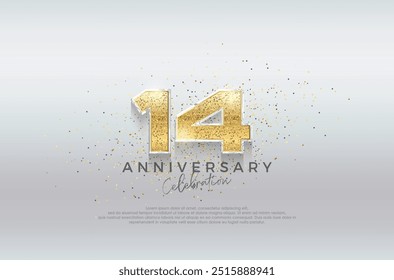 Golden number 14th. Premium design with luxurious gold glitter. Premium vector for poster, banner, celebration greeting.