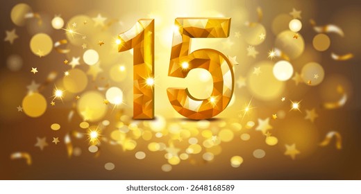 Número 15 dourado com uma aparência facetada, semelhante a uma gema, colocado contra um fundo quente e dourado preenchido com luzes bokeh suaves e estrelas douradas dispersas, criando uma atmosfera festiva e comemorativa.