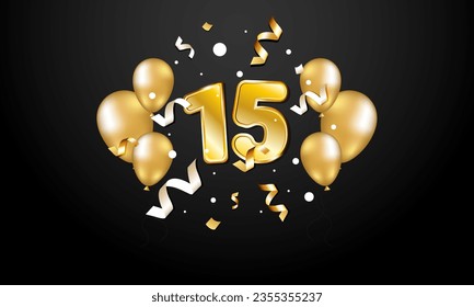 The golden number 15. On a dark background with golden balloons and streamers. 