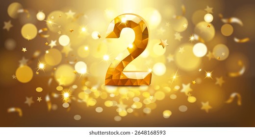Número dourado 2 com uma aparência facetada, semelhante a uma gema, colocado contra um fundo quente e dourado preenchido com luzes bokeh suaves e estrelas douradas dispersas, criando uma atmosfera festiva e comemorativa.