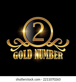 Golden Number 2 Logo Vector Sign in black background with gold shine effect for luxury numerical number 2 icon