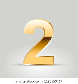 Golden number 2. Vector font isolated on white background