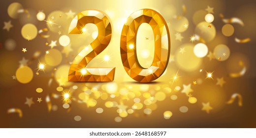 Número dourado 20 com uma aparência facetada, semelhante a uma gema, colocado contra um fundo quente e dourado preenchido com luzes bokeh suaves e estrelas douradas dispersas, criando uma atmosfera festiva e comemorativa.