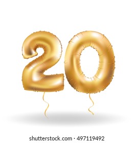 Golden Number 20 Twenty Metallic Balloon. Party Decoration Golden Balloons. Anniversary Sign For Happy Holiday, Celebration, Birthday, Carnival, New Year. Metallic Design Balloon.