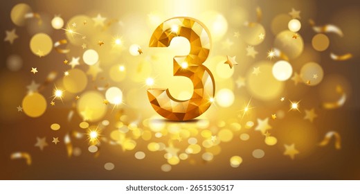 Número 3 dourado com uma aparência facetada, semelhante a uma gema, colocado contra um fundo quente e dourado preenchido com luzes bokeh suaves e estrelas douradas dispersas, criando uma atmosfera festiva e comemorativa.