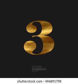 Golden number 3. Typographic vector element for design. Part of glow golden painted alphabet. Digit three with golden paint texture. Vector illustration