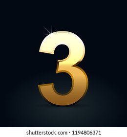 Golden number 3. Vector font isolated on black background
