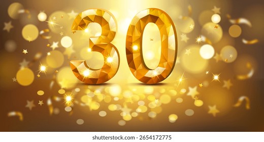 Golden number 30 with a faceted, gem-like appearance, set against a warm, golden background filled with soft bokeh lights and scattered golden stars, creating a festive and celebratory atmosphere.