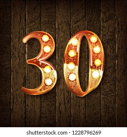 Golden number 30 on a wooden background. Vector illustration