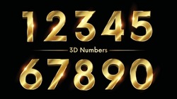 Golden Number 3D Style Font. One To Nine Isolated Letters. Birthday Golden Numbers Vector Design Elements. Golden Numbers Set. Vector 3d Illustration. Realistic Shiny Characters