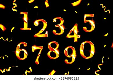 Golden Number 3D Style Font. one to Nine Isolated Letters. Birthday golden numbers Vector design elements. Golden numbers set. Vector 3d illustration. Realistic shiny characters